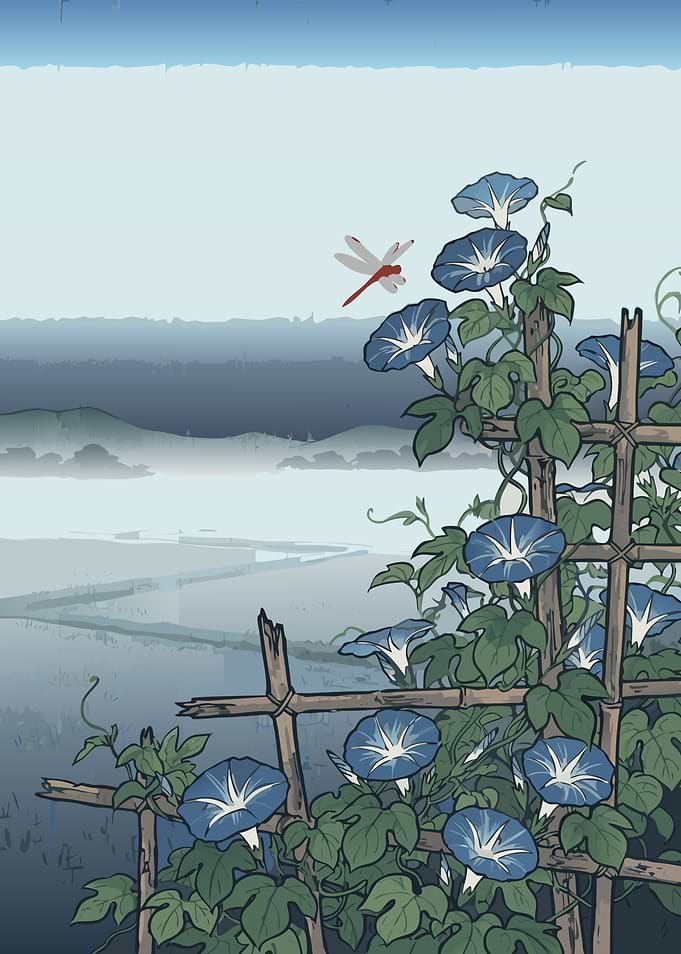 Morning Glories and Dragonfly