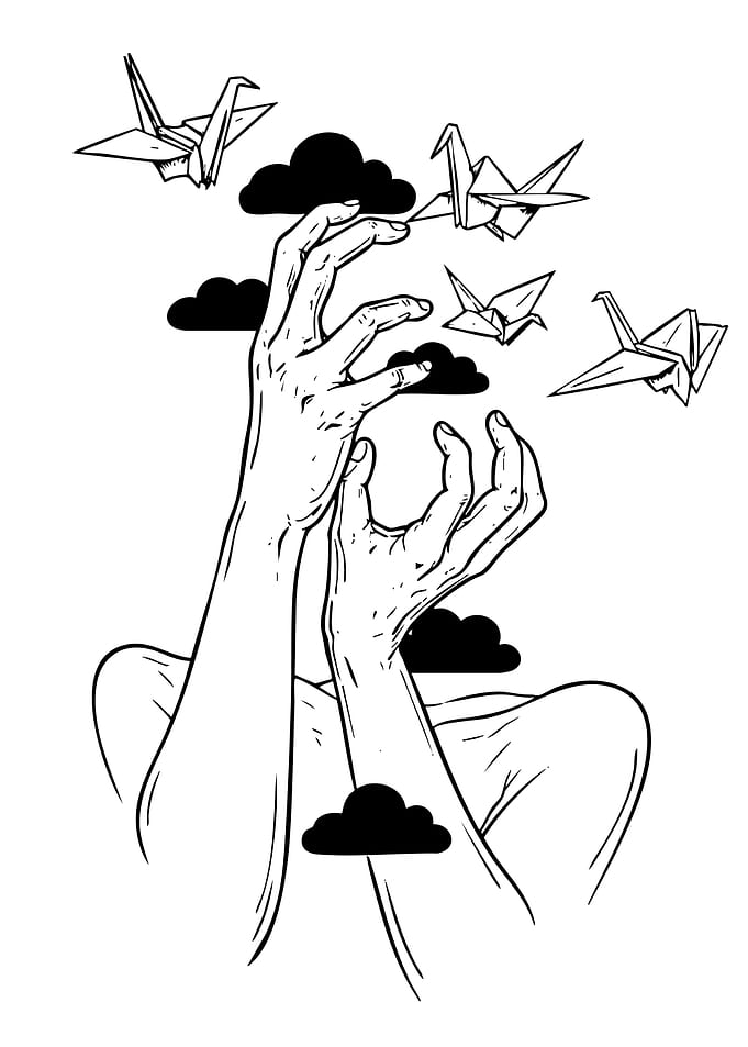 Hands Reaching for Origami Cranes