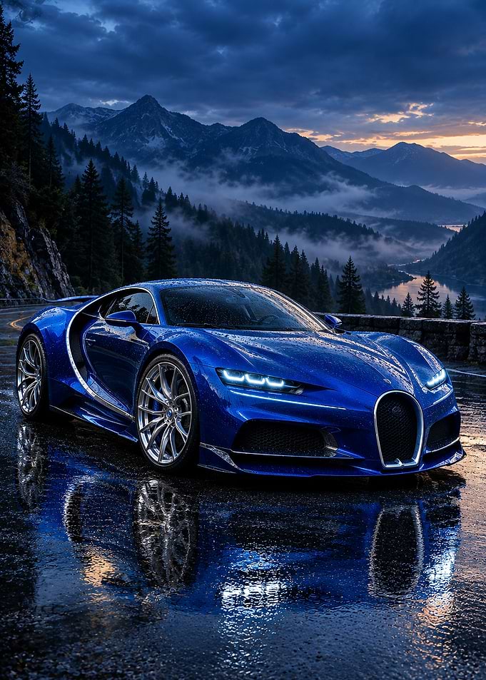 Blue Bugatti Supercar in Mountain Landscape