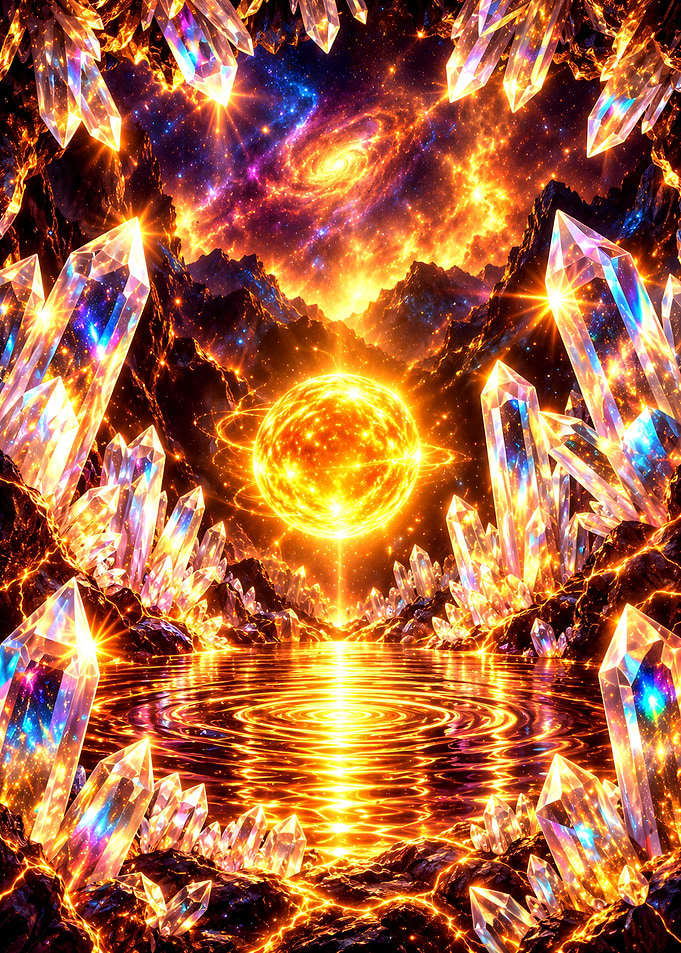 Cosmic Crystal Cavern with Glowing Sun