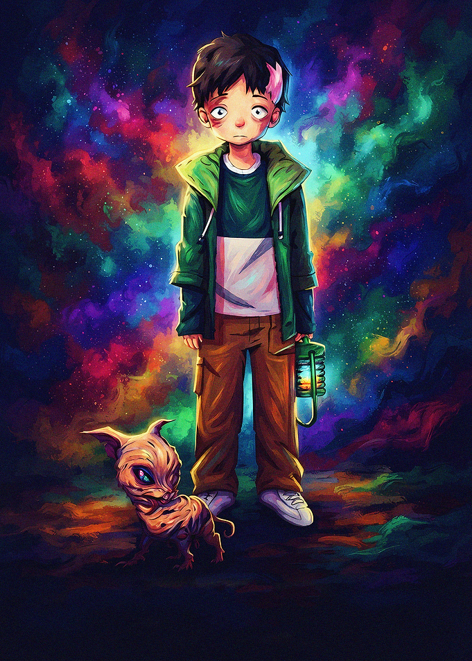 Boy and Alien Creature in Space
