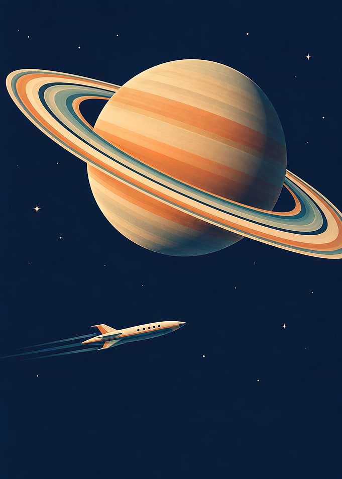 Retro Rocket Flying Past Saturn