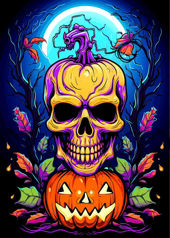 Spooky Halloween Skull and Pumpkin Illustration
