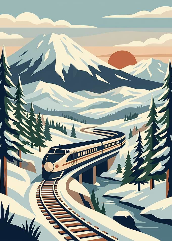 Winter Train Journey Through Mountains