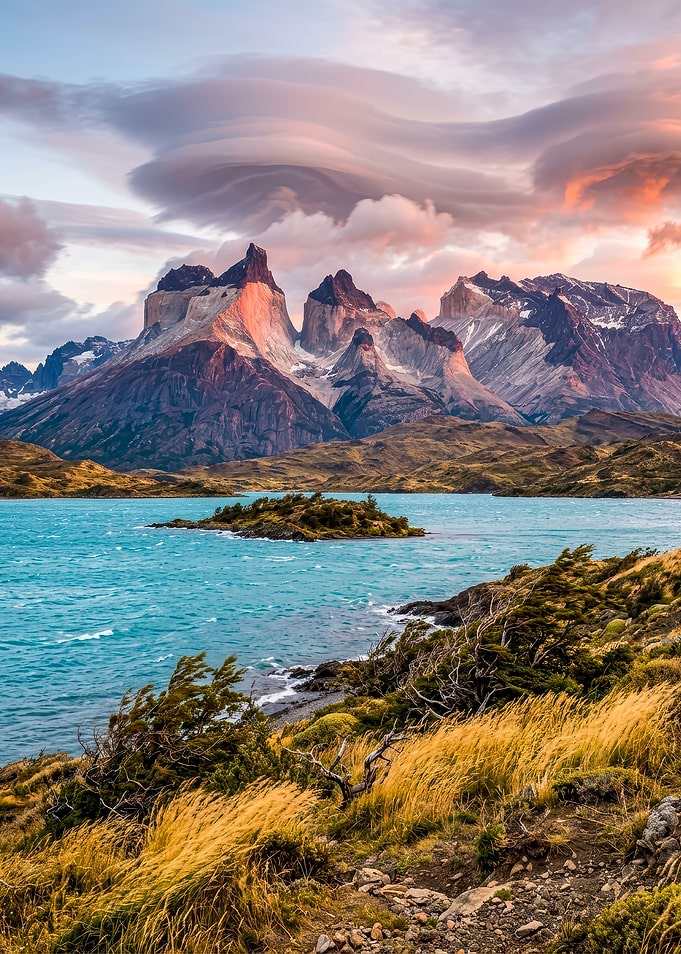 Patagonia Mountains Turquoise Lake Sunset Lenticular Clouds Digital Landscape Art