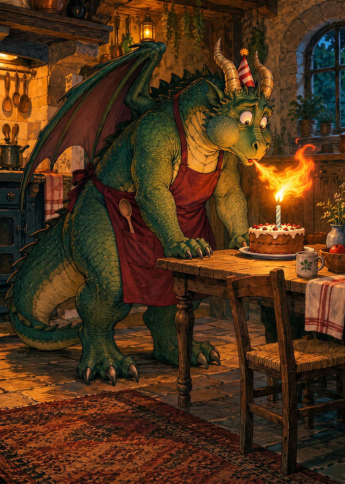Dragon Celebrating Birthday in Kitchen