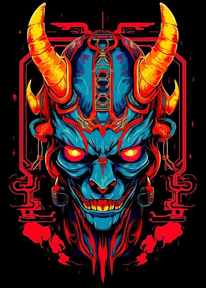 Neon Cyberpunk Oni Demon Mask