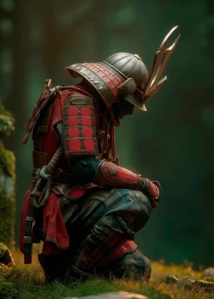 Kneeling Samurai in Red Armor