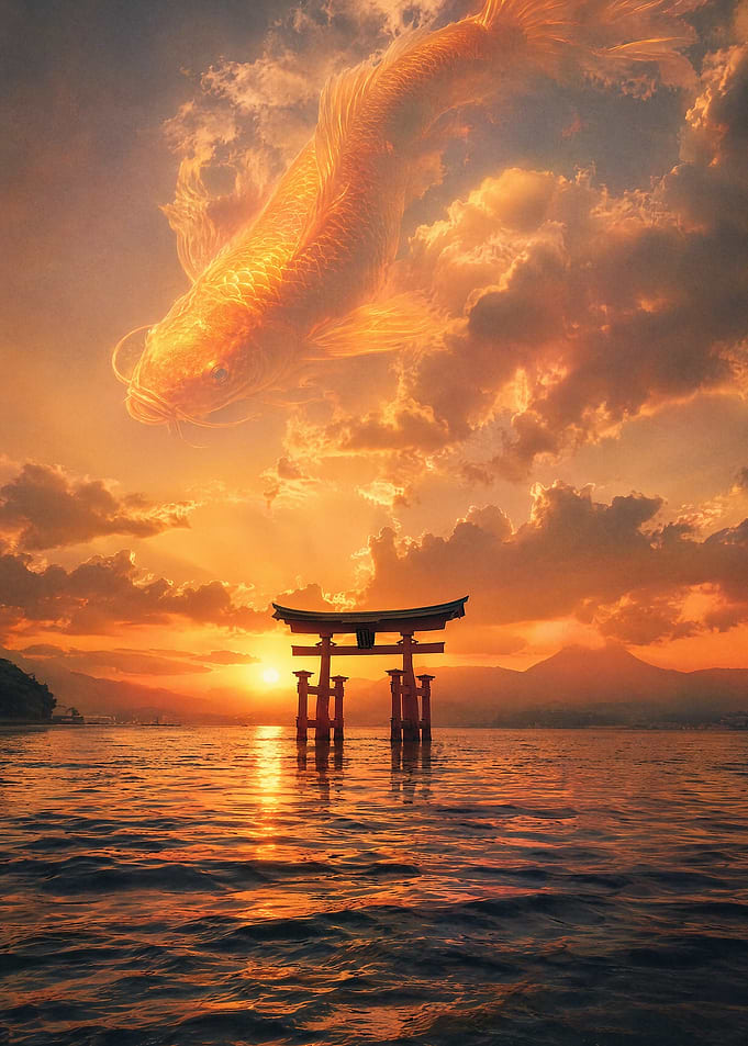 Giant Koi Fish Over Torii Gate