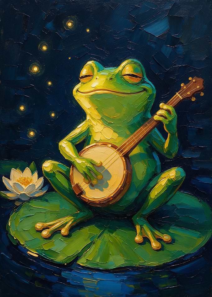 Frog Playing Banjo on Lily Pad
