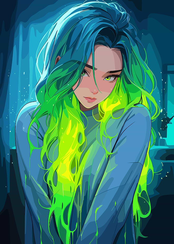 Anime Girl with Glowing Green Hair