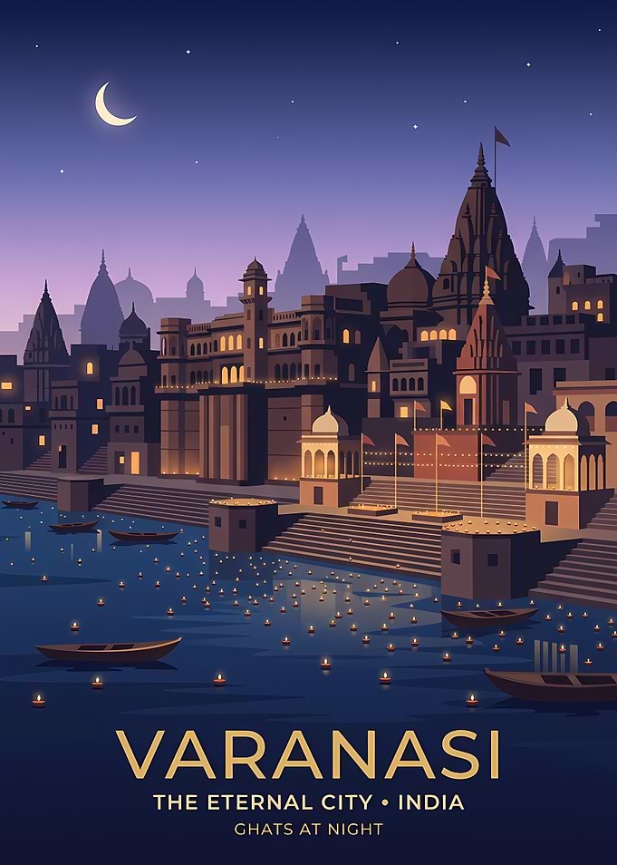 Varanasi Ghats at Night Poster