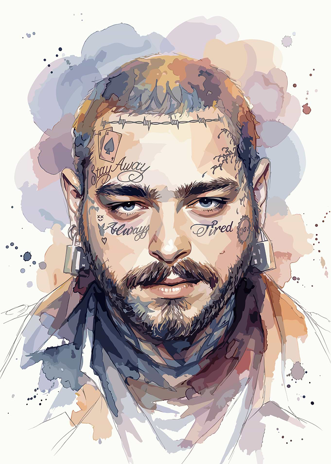 Post Malone Watercolor Portrait Illustration