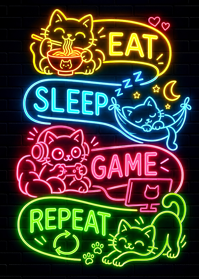 Neon Cat Eat Sleep Game Repeat