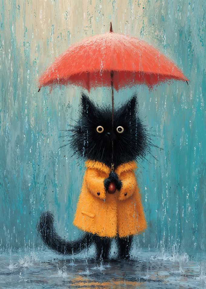 Black Cat In Raincoat Under Red Umbrella