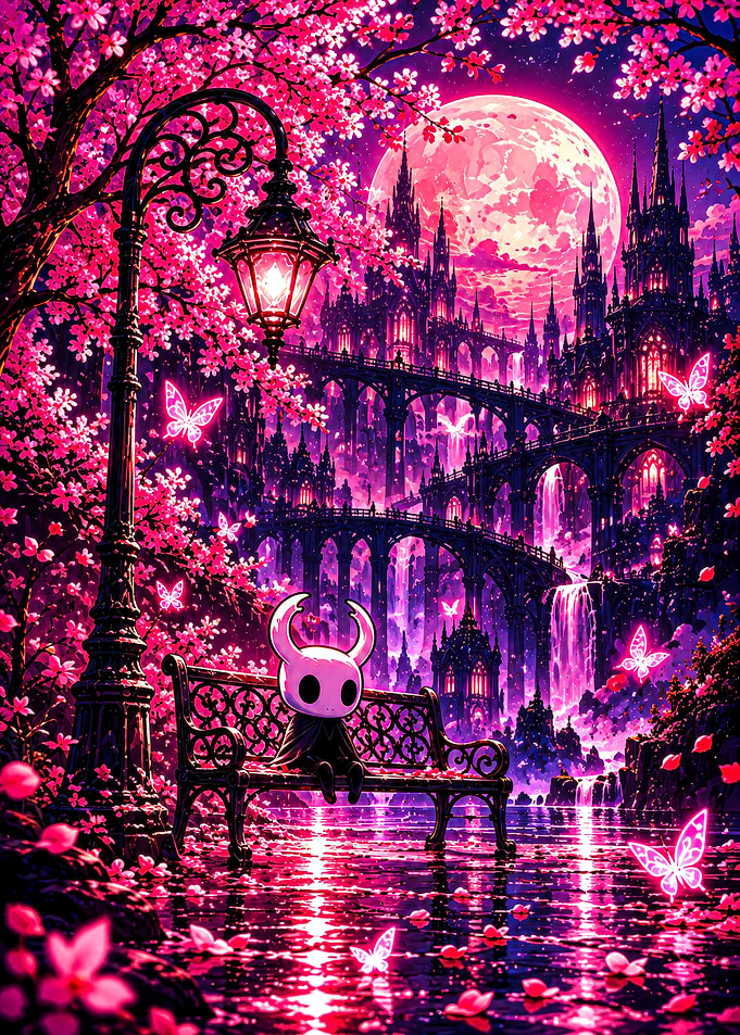 Hollow Knight Resting Under Cherry Blossoms