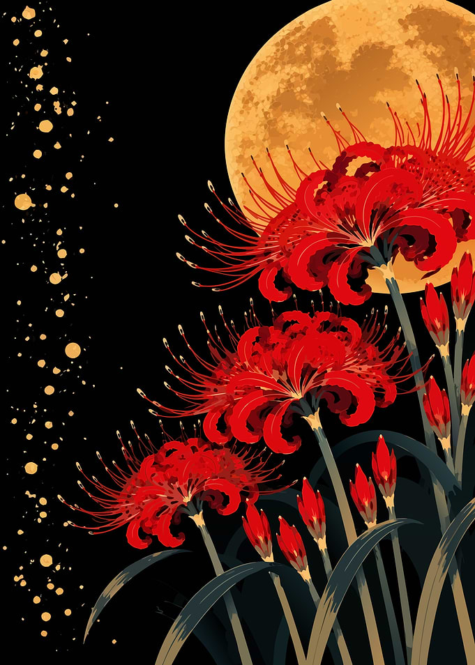 Red Spider Lilies Beneath a Golden Moon