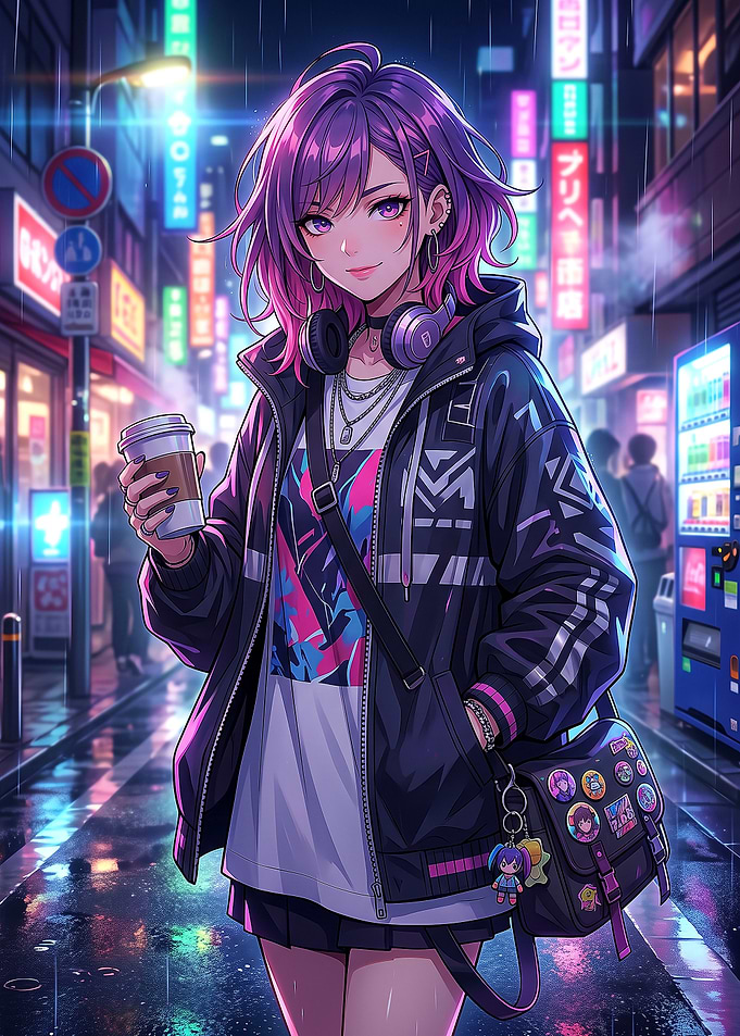 Anime Girl in Cyberpunk City Street