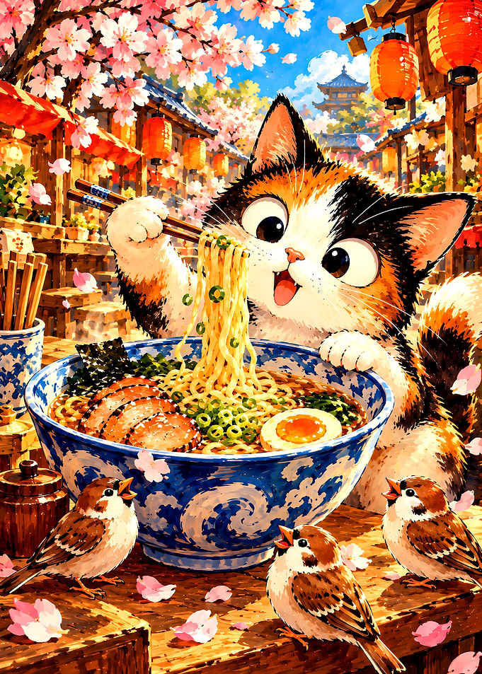 Cute Calico Cat Eating Ramen