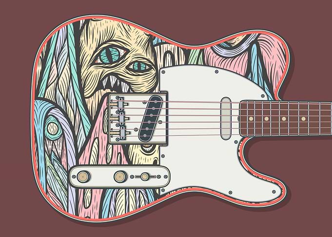 Electric Guitar with Surreal Monster Art