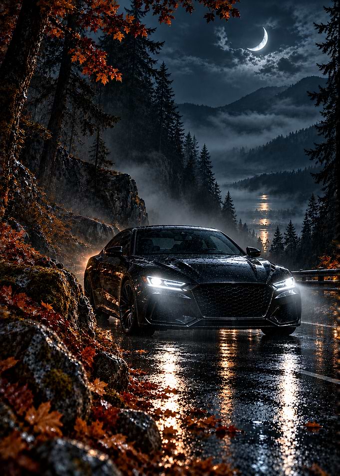 Black Sports Car on Rainy Road