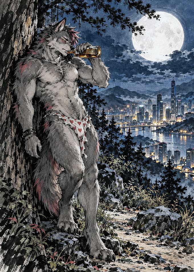 Anthropomorphic Wolf Drinking Under Full Moon