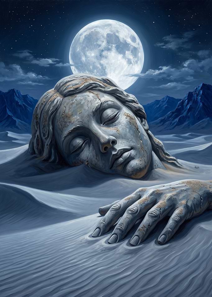 Giant Stone Statue Sleeping in Desert