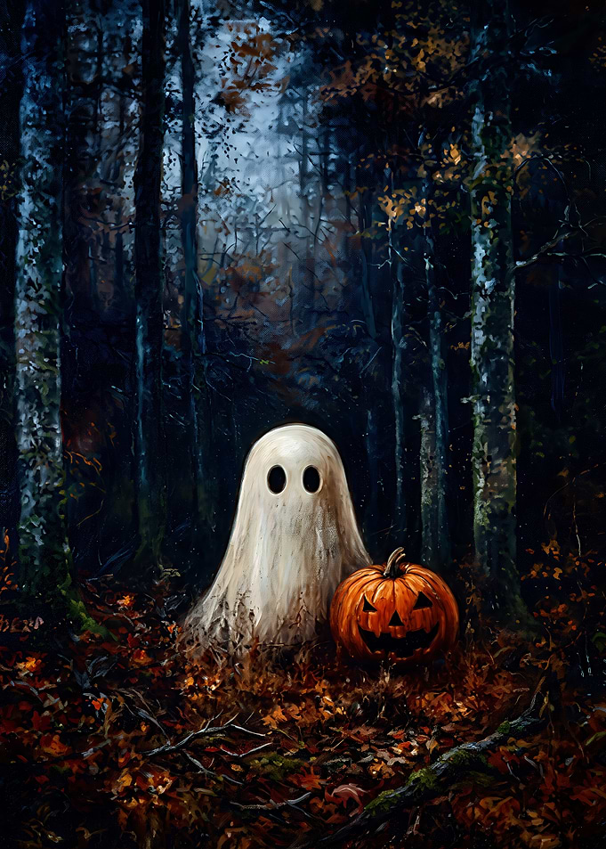 Ghost and Jack-o'-lantern in Forest