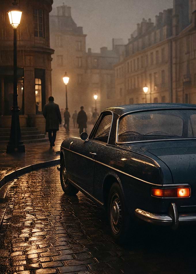 Vintage Car on Rainy Paris Street
