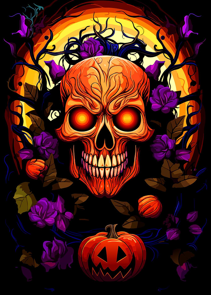 Halloween Skull and Pumpkin Illustration