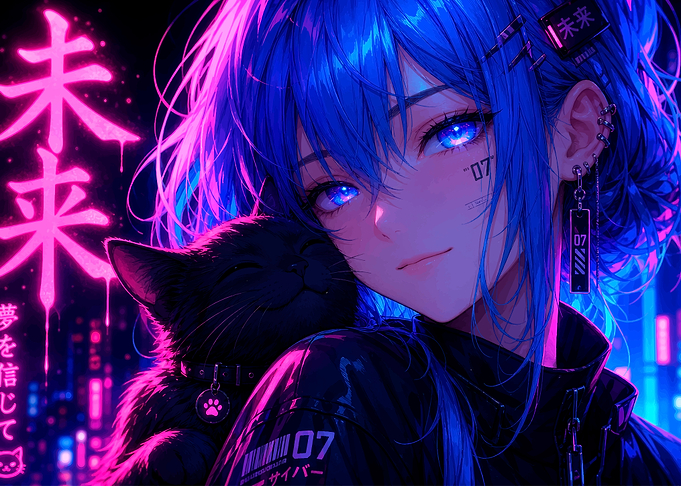 Cyberpunk Anime Girl with Black Cat