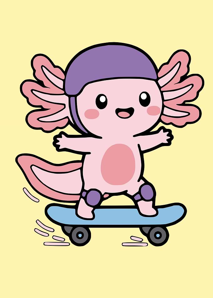 Cute Axolotl Skateboarding Cartoon