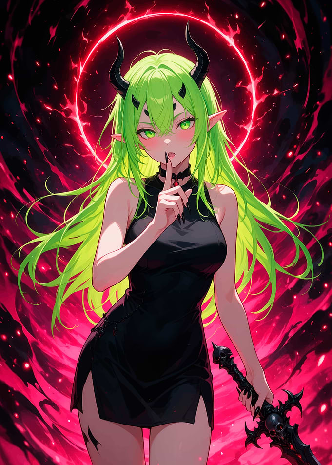 Green-Haired Demon Girl with Sword
