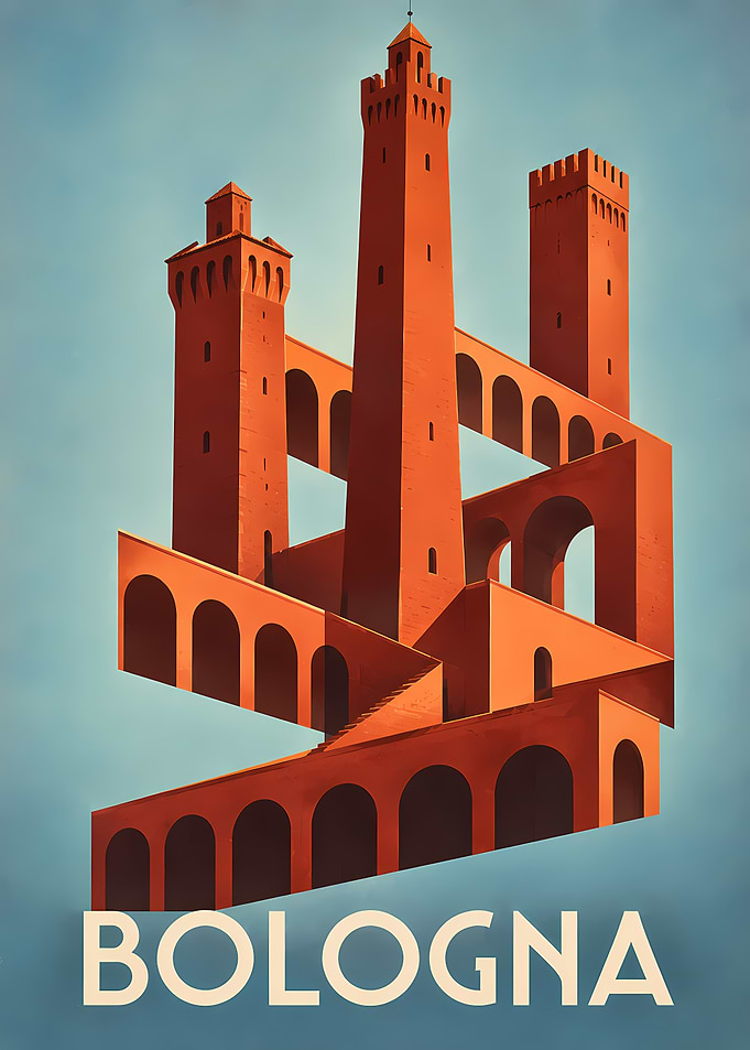 Surreal Bologna Towers Travel Poster