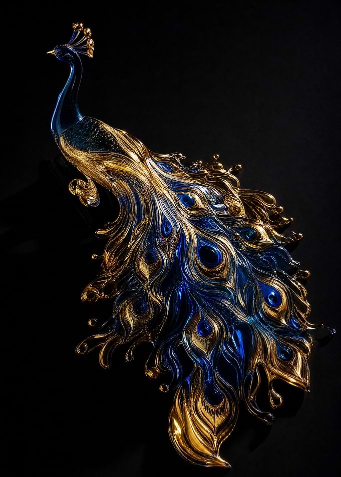 Elegant Blue and Gold Glass Peacock