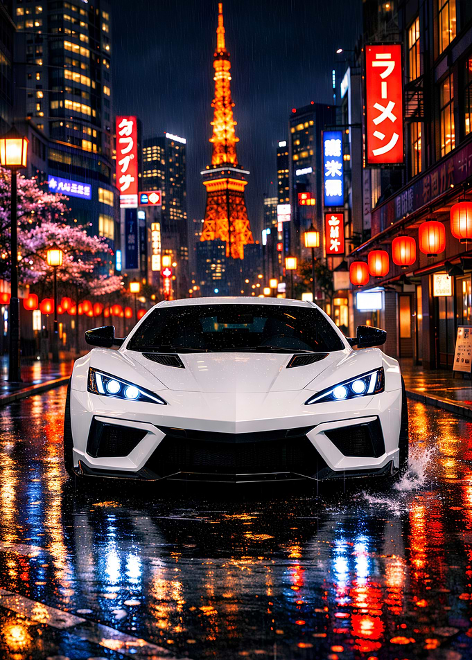 White Sports Car in Tokyo Night