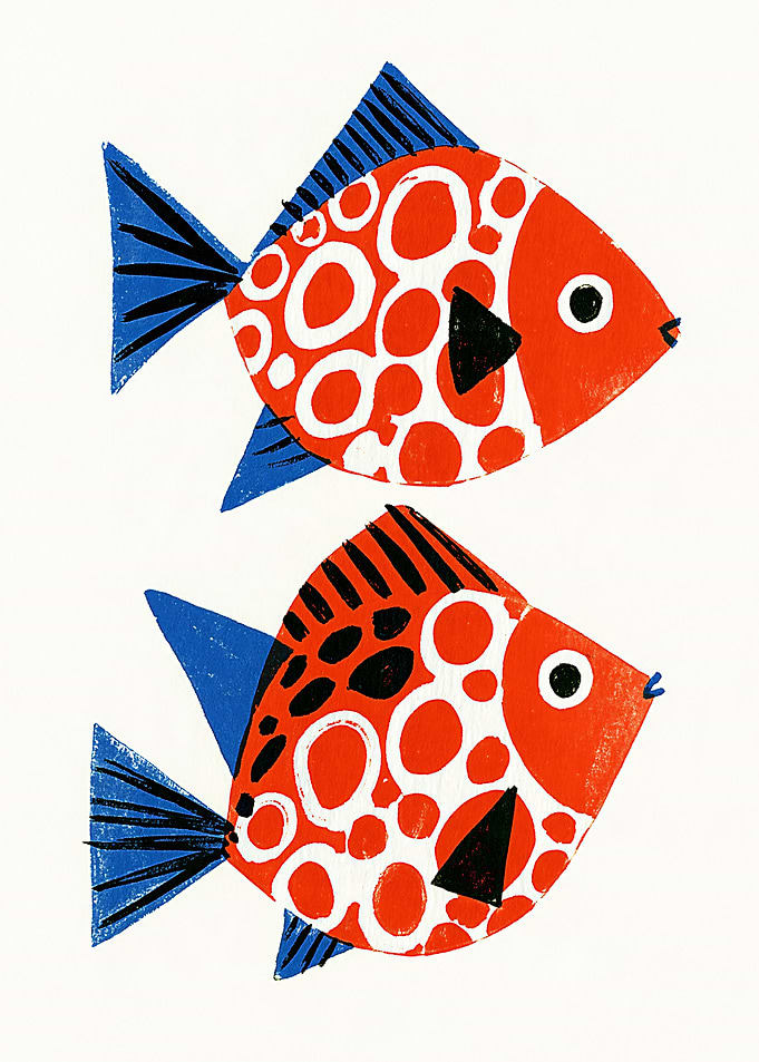 Two Stylized Red and Blue Fish