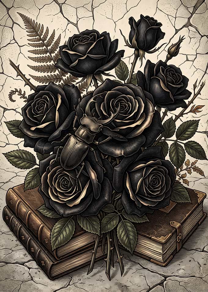 Black Roses and Beetle on Books