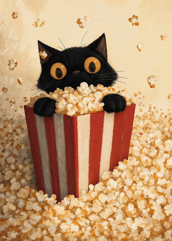 Funny Black Cat Sitting In Popcorn Box