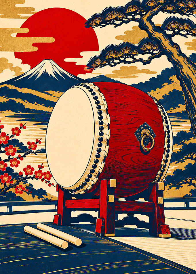 Japanese Taiko Drum and Mount Fuji – Ukiyo-e Art