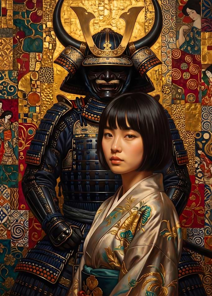 Kimono Woman Before a Horned Samurai