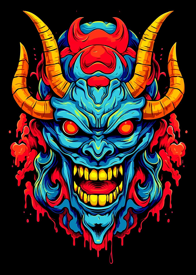 Vibrant Blue Oni Demon Mask Illustration