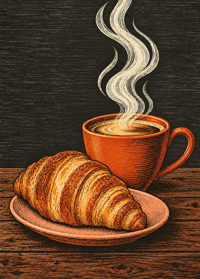 Engraved Illustration of Croissant and Coffee