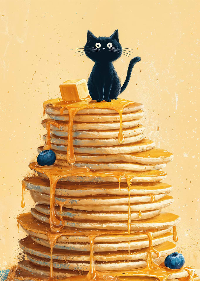 Black Cat Sitting On Giant Pancake Stack
