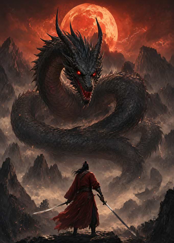 Warrior Facing a Giant Black Dragon