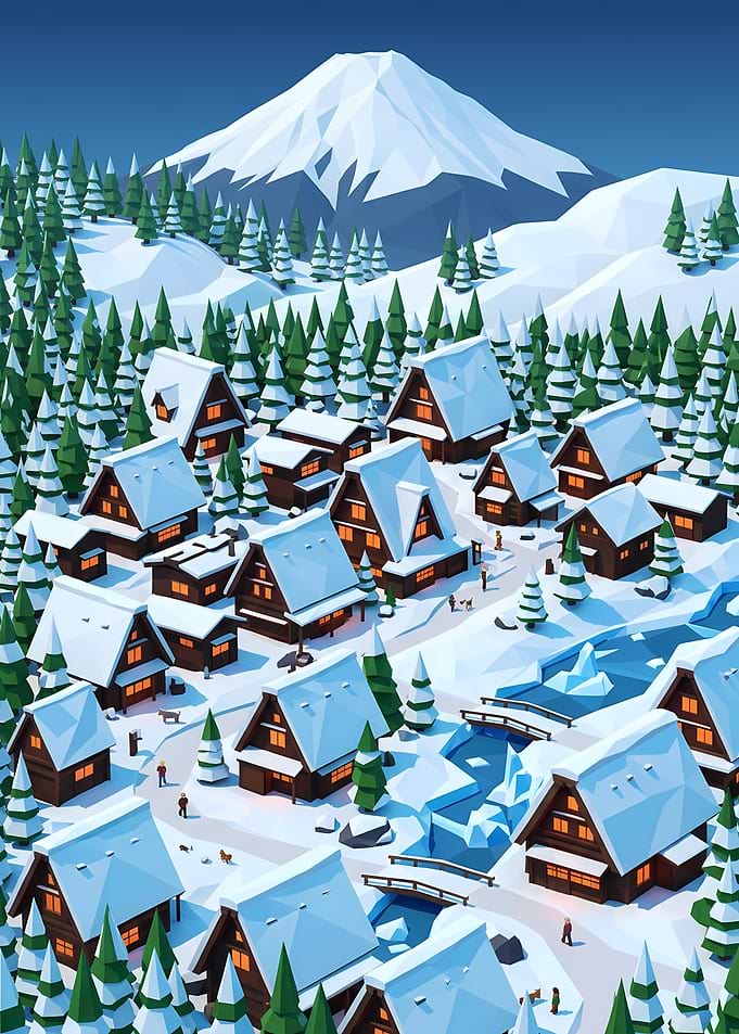 Low Poly Winter Village Landscape