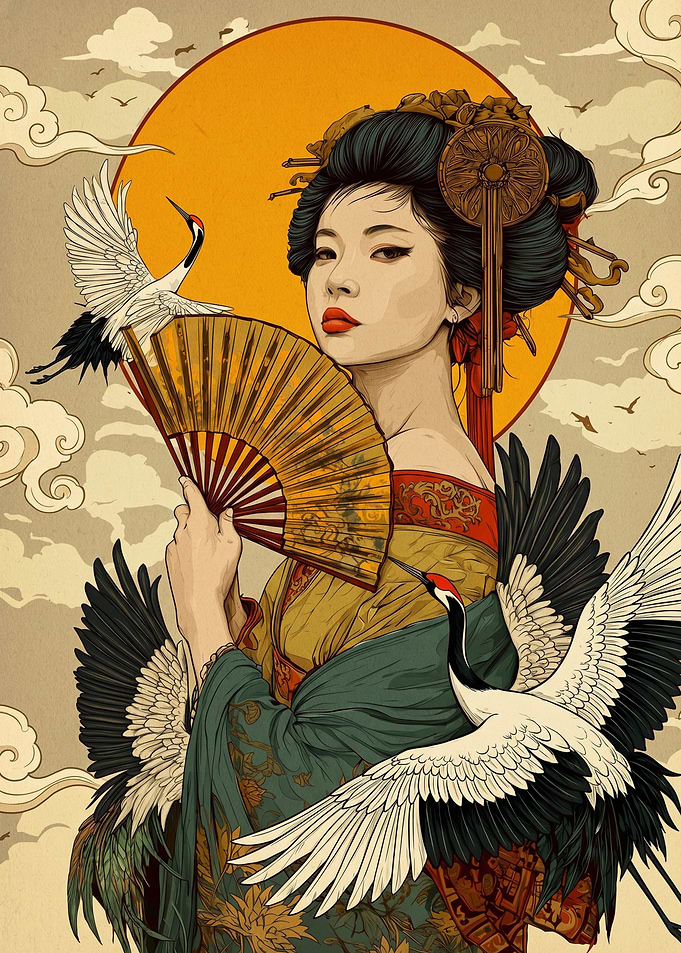 Geisha with Cranes and Fan