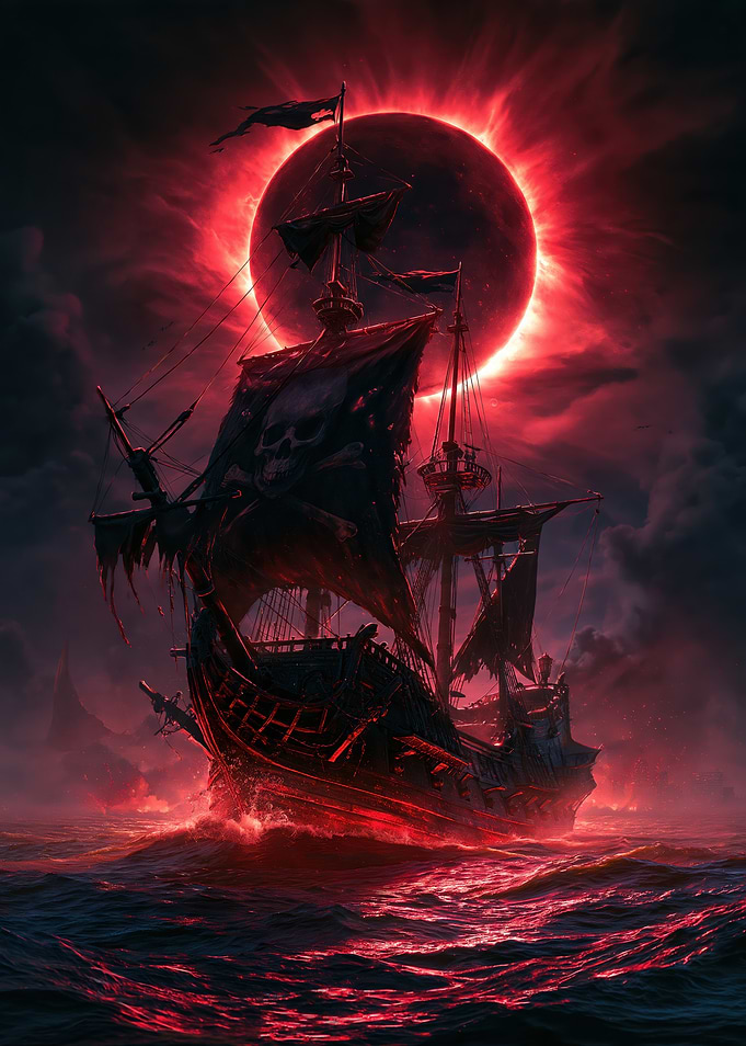 Ghost Pirate Ship Under Red Eclipse