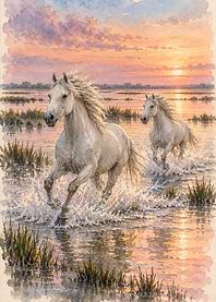 Two White Horses Running at Sunset