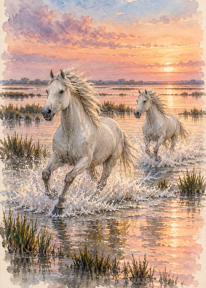 Two White Horses Running at Sunset